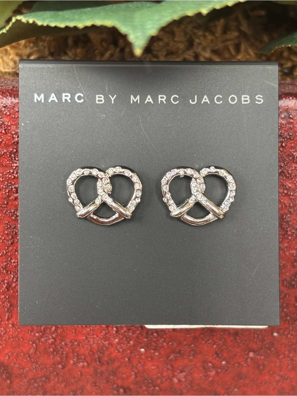 Marc by Marc Jacobs Silver Tone Pretzel Stud Earrings Crystal Embellished